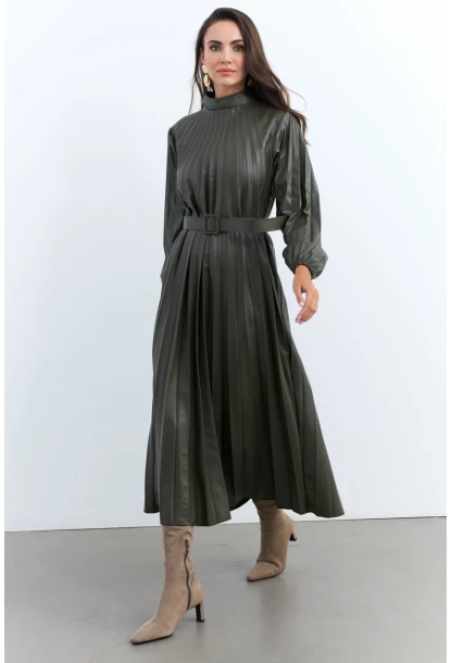 Kadın Haki Pileli Kemerli Maxi Elbise MALZ99