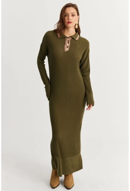 Kadın Haki Polo Yaka Triko Maxi Elbise MNUV17