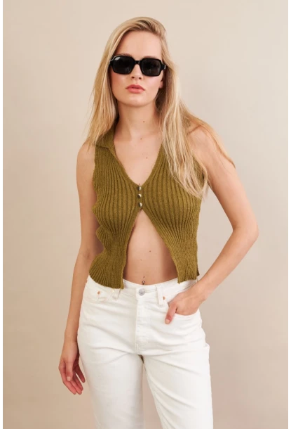 Kadın Haki Polo Yaka Yumoş Yelek ZH050