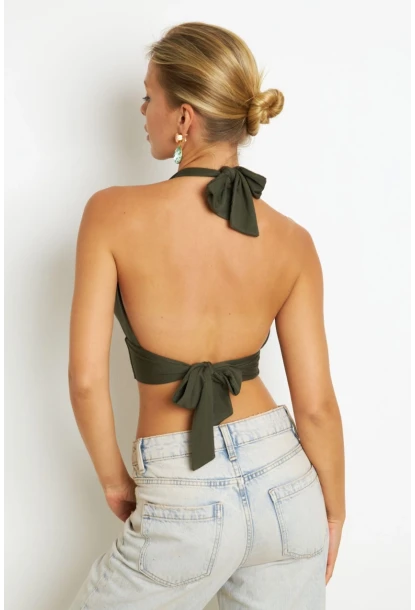 Kadın Haki Sırt Ve Boyun Bağlamalı Bluz EY1472