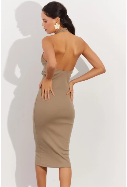 Kadın Haki Sırtı Açık Halter Midi Elbise OW138