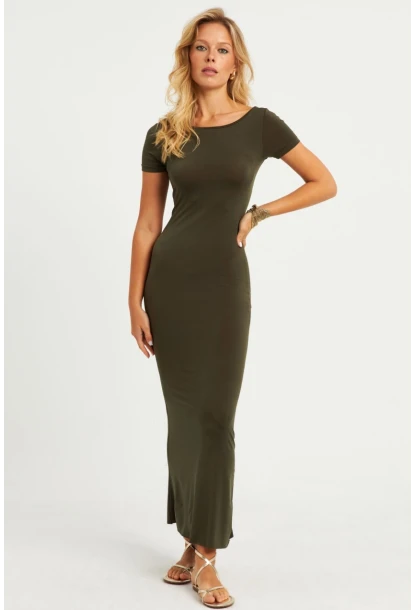 Kadın Haki Sırtı Açık Maxi Elbise DMR306