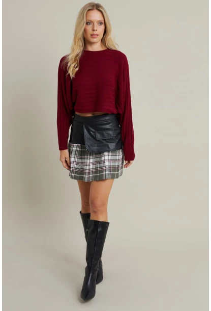 Kadın Haki-Siyah Kazayağı Suni Deri Mini Etek NH93