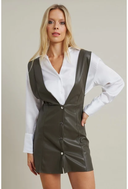 Kadın Haki Suni Deri Mini Elbise NH796