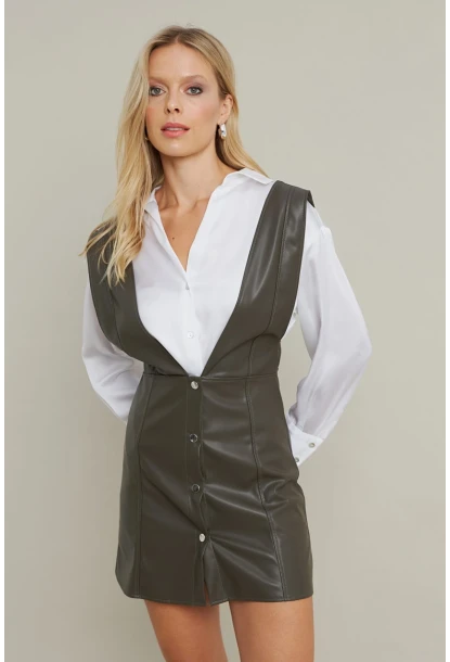 Kadın Haki Suni Deri Mini Elbise NH796