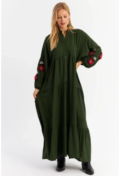 Kadın Haki Volanlı Maxi Elbise MALO9