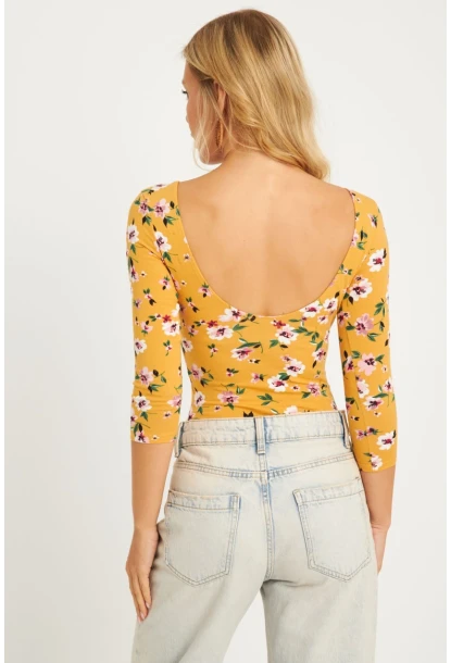 Kadın Hardal Çiçek Desenli Çıtçıtlı Body RK40