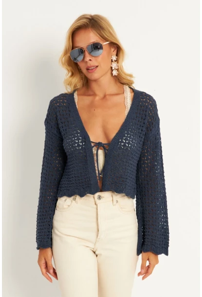 Kadın İndigo Ajurlu Triko Hırka YV248