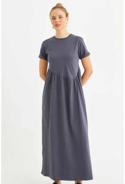 Kadın İndigo Asimetrik Dikişli Maxi Elbise MDMR440