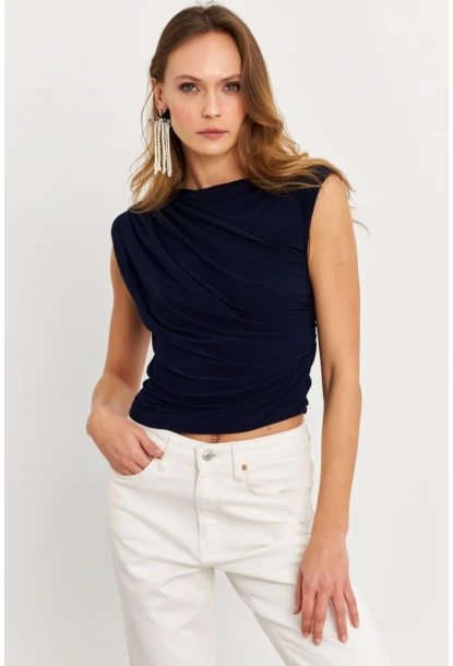 Kadın İndigo Büzgülü Kolsuz Bluz LPP1205-90