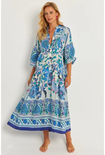 Kadın İndigo Desenli Midi Elbise GÇ169