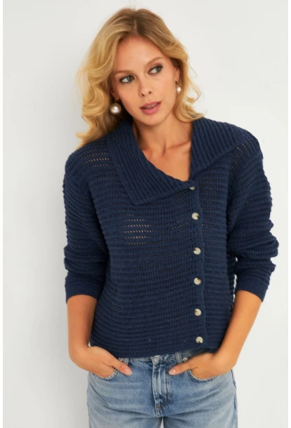 Kadın İndigo Geniş Yakalı Triko Hırka MİW4571