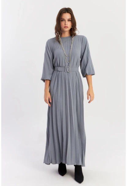 Kadın İndigo Kemerli Plili Maxi Elbise ALZ500