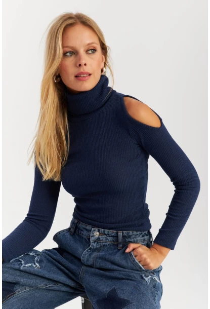 Kadın İndigo Omuzları Açık Kaşkorse Bluz HOR04