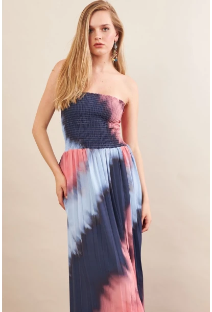 Kadın İndigo-Pudra Straplez Pilise Uzun Elbise MSİ100