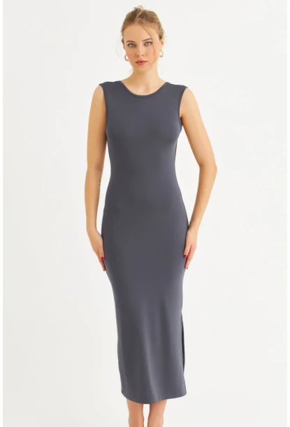 Kadın İndigo Sırtı Açık Midi Elbise YEL221672