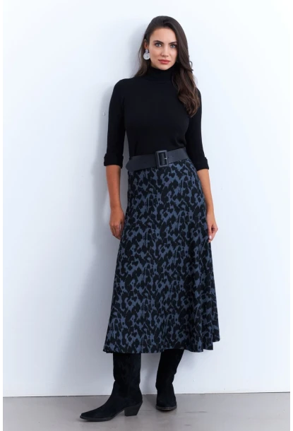 Kadın İndigo-Siyah Desenli Çan Etek MLON3007