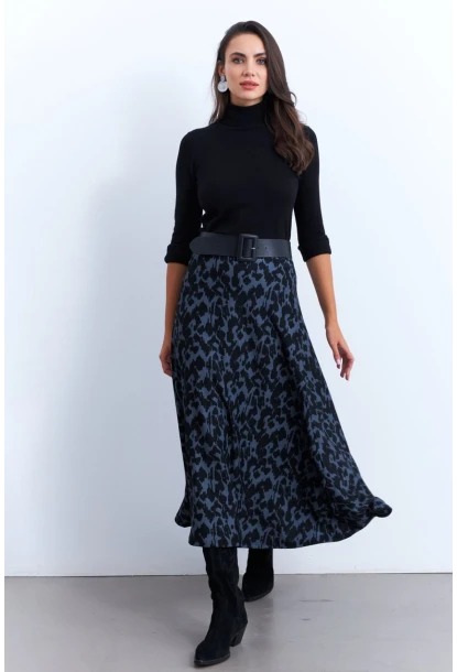 Kadın İndigo-Siyah Desenli Çan Etek MLON3007