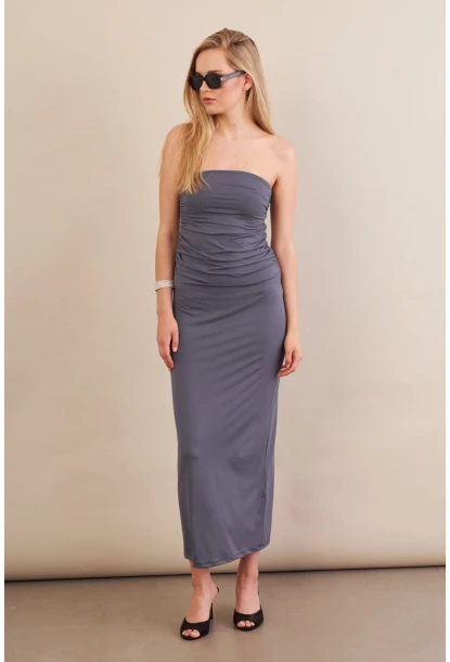 Kadın İndigo Straplez Büzgülü Midi Elbise MX2005