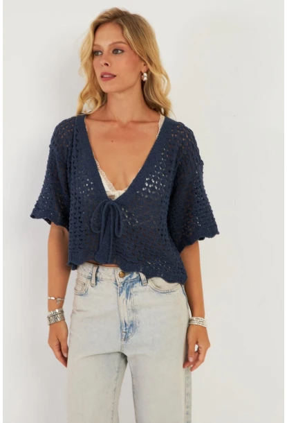 Kadın İndigo Triko Ajurlu Hırka YV255