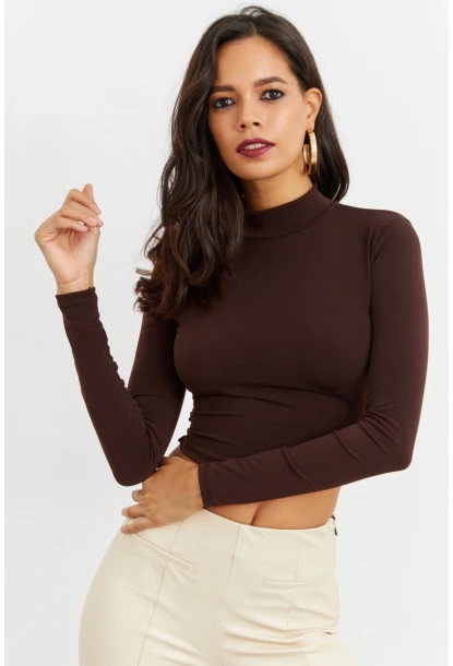 Kadın Kahve Beli Açık Crop Bluz GÇ115