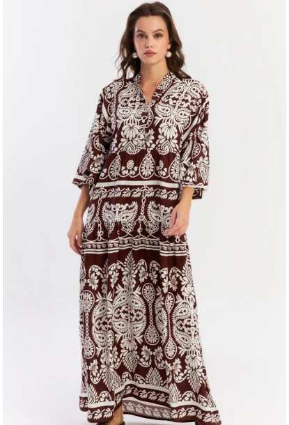 Kadın Kahve-Beyaz Etnik Desenli Maxi Dokuma Elbise ALO325