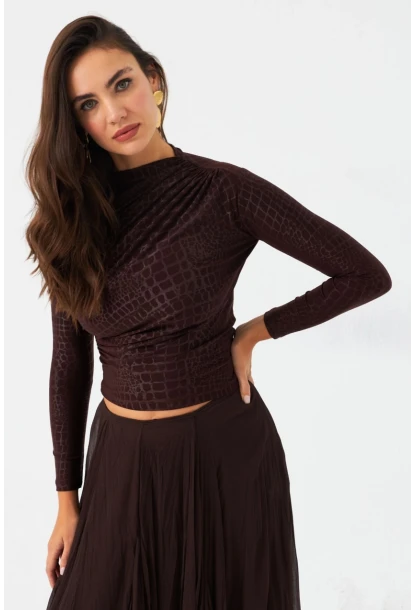 Kadın Kahve Desenli Büzgülü Bluz LPP1279