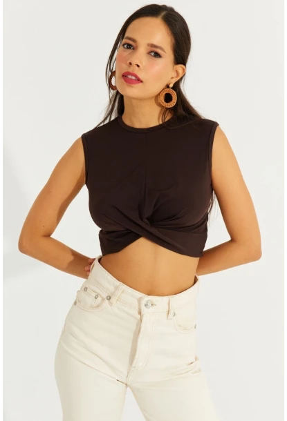 Kadın Kahve Önü Düğümlü Crop Bluz SDY2018