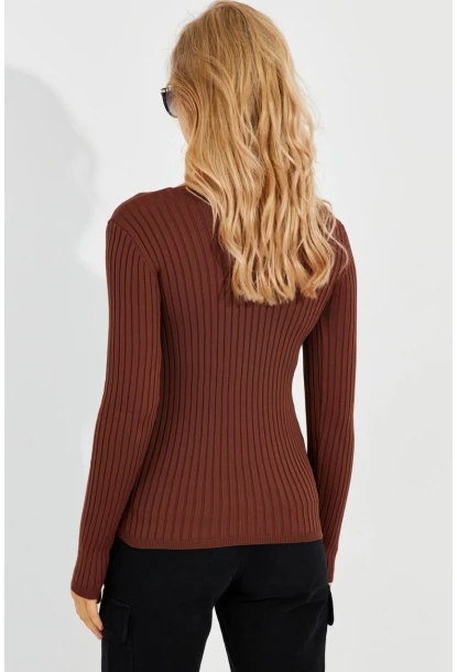Kadın Kahve V Yaka Fitilli Triko Bluz SMT216