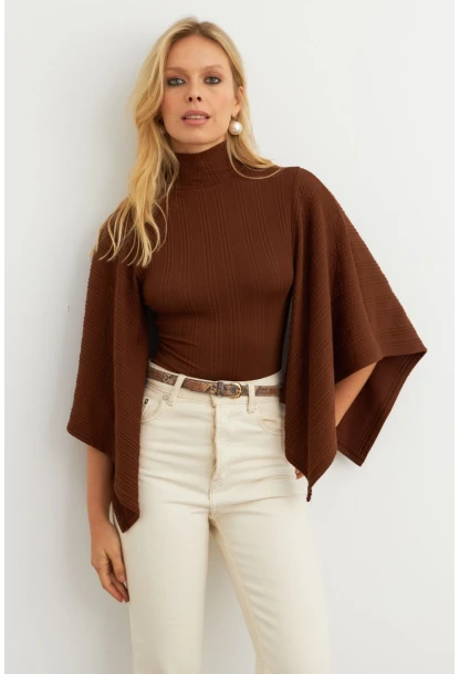 Kadın Kahve Yarasa Kol Balıkçı Bluz MTF32