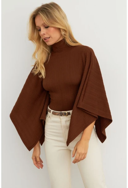 Kadın Kahve Yarasa Kol Balıkçı Bluz MTF32