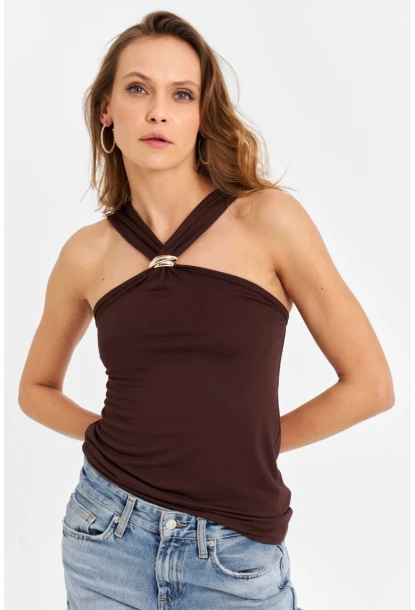 Kadın Kahverengi Aksesuarlı Bluz EY3068