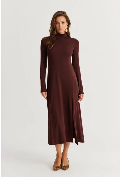 Kadın Kahverengi Balıkçı Yaka Midi Elbise HOR15