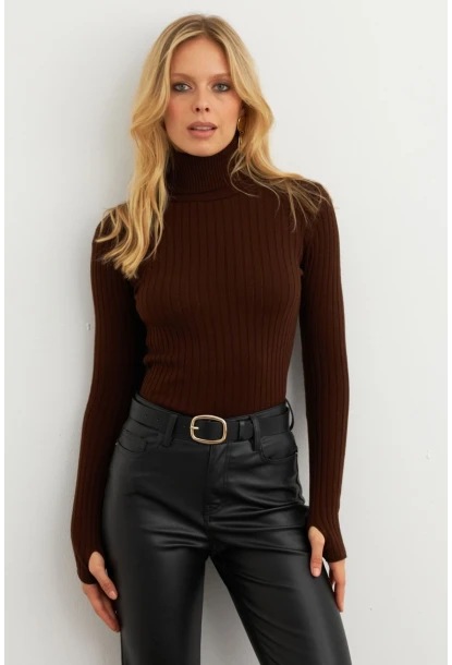 Kadın Kahverengi Balıkçı Yaka Triko Bluz YV102-90