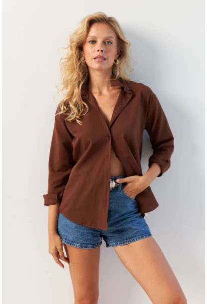 Kadın Kahverengi Basic Gömlek HNT02