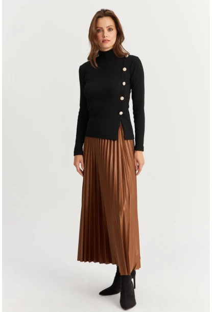 Kadın Kahverengi Beli Lastikli Pilise Etek MGÇ190