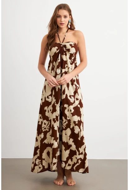 Kadın Kahverengi Büzgülü Desenli Midi Elbise KAB304