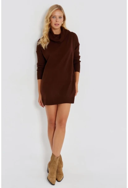 Kadın Kahverengi Degaje Yaka Triko Mini Elbise YV73