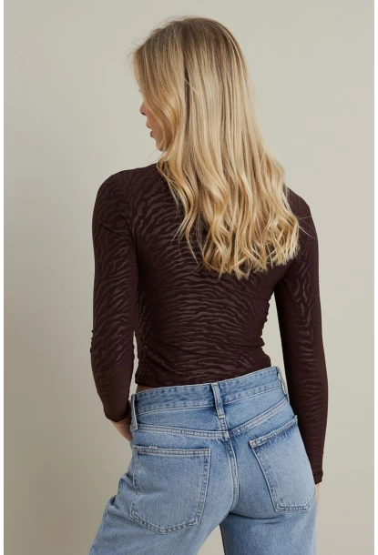 Kadın Kahverengi Desenli Büzgülü Bluz LPP1298