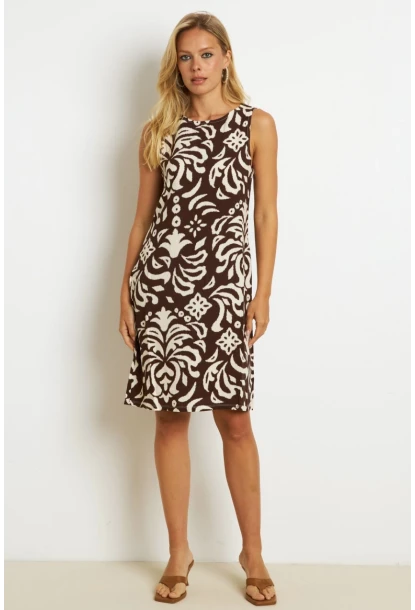 Kadın Kahverengi Desenli Cepli Midi Elbise YZ1059