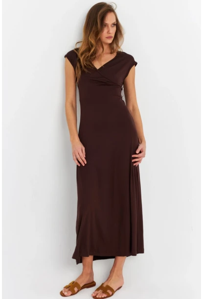 Kadın Kahverengi Düğme Detaylı Kruvaze Midi Elbise MEY0011