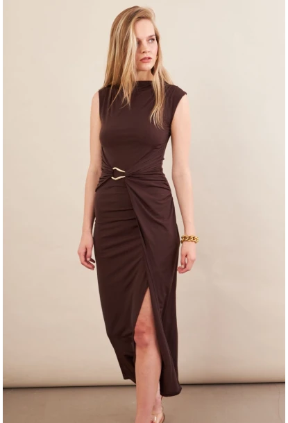 Kadın Kahverengi Eteği Kruvaze Tokalı Midi elbise KED7340