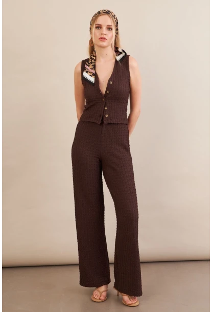 Kadın Kahverengi Gofre Yelek Pantalon Takım FLU330