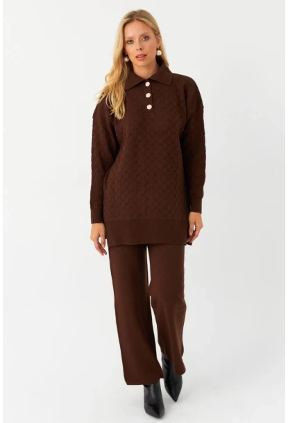Kadın Kahverengi İnci Düğmeli Triko Alt Üst Takım MNUV33