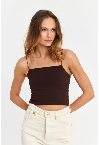 Kadın Kahverengi İp Askılı Crop Bluz EV63