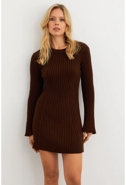 Kadın Kahverengi İspanyol Kol Triko Mini Elbise YV273