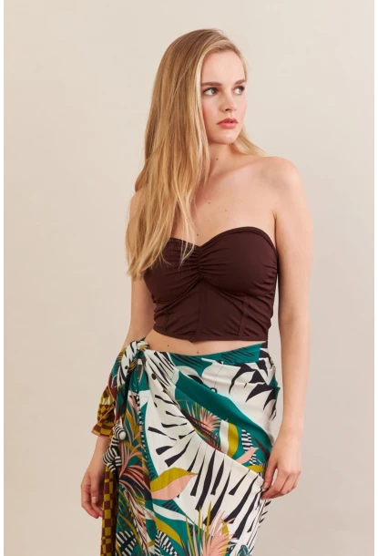 Kadın Kahverengi Korse Dikişli Crop Bluz AN6025