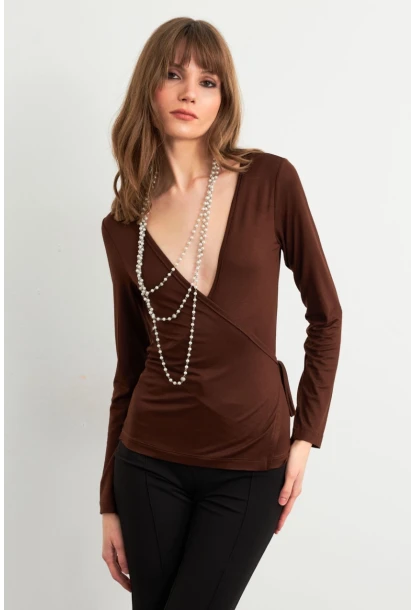Kadın Kahverengi Kruvaze Bağlamalı Bluz EY3036