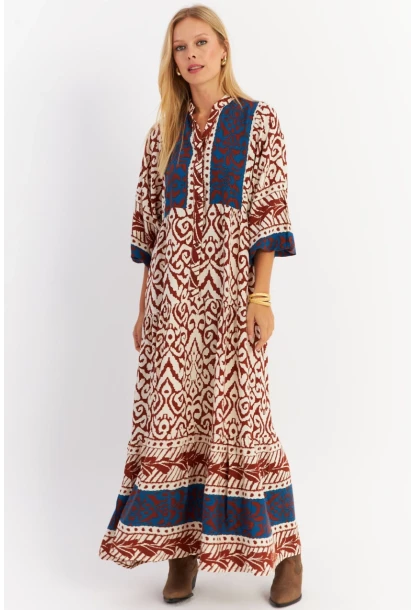 Kadın Kahverengi-Lacivert Volanlı Maxi Elbise MALO11