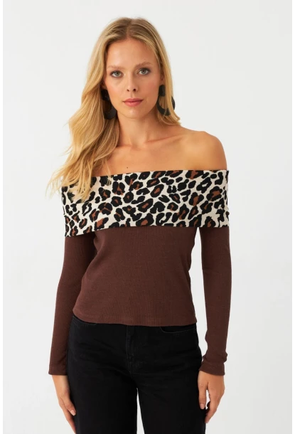 Kadın Kahverengi Leopar Bloklu Madonna Bluz AYD396